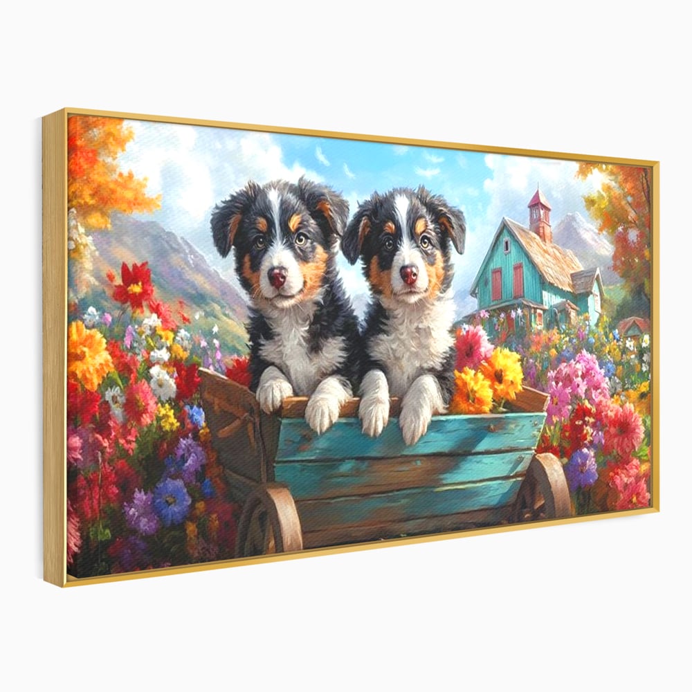 Tablou canvas cu doi catei australian shepherd in caruta cu flori, in rama de aluminiu auriu